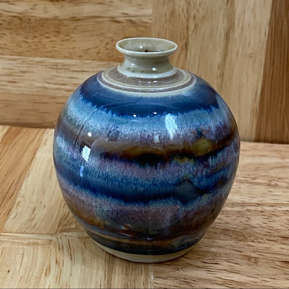 Vintage Blue/Brown Stripe Wave Glazed Ceramic Pottery 3.5” Mini Bud Vase - Picture 3 of 10